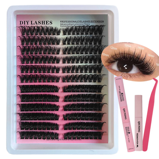 QIUNING Lashes Clusters Kit Cat Eye Lashes Individual Eyelashes with Lash Bond & Seal Full Set Lashes Extension Makeup Tools