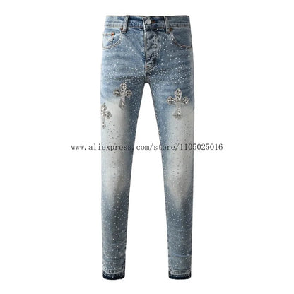 High Street New Trendy Men's Jeans Low Rise Stretch PantsSkinny Button Fly Ripped Retro Hold Trousers