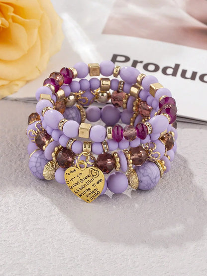 4Pcs Boho Crystal Beads Chain Bracelet Set For Women Vintage Heart Charm Elastic Bangle Female Fashion Party Jewelry