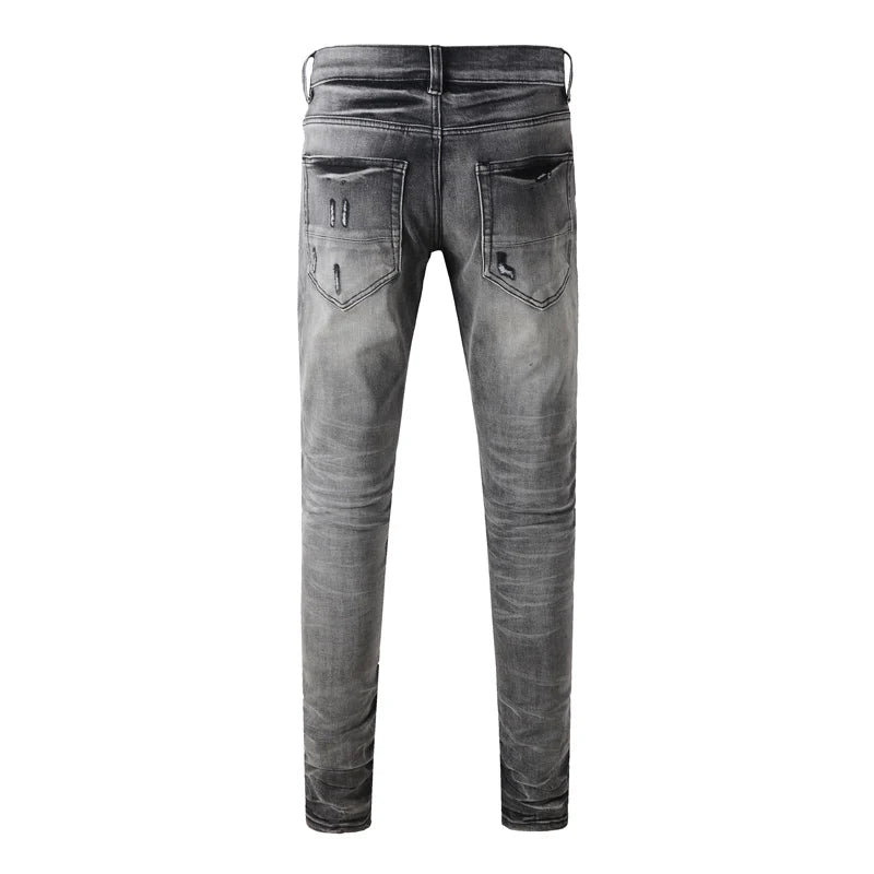 Street Fashion Men Jeans Retro Washed Blue Stretch Skinny Fit Ripped Jeans Men Patched Designer Hip Hop Brand Denim Pants Hombre