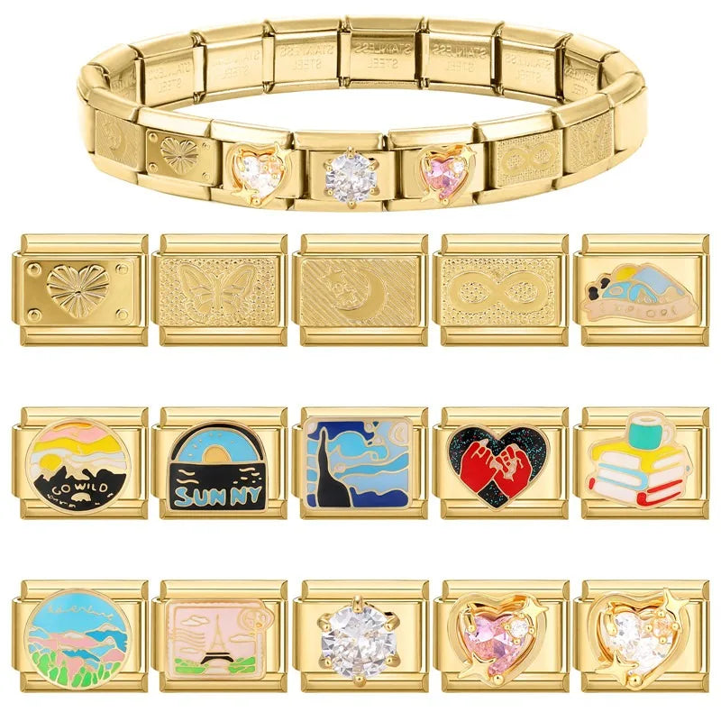 New Fashion 9mm 15 Style Italian Modular Charm Bracelet Fashionable Leisure Holiday Scenery Literary Modular Elastic Bracelet