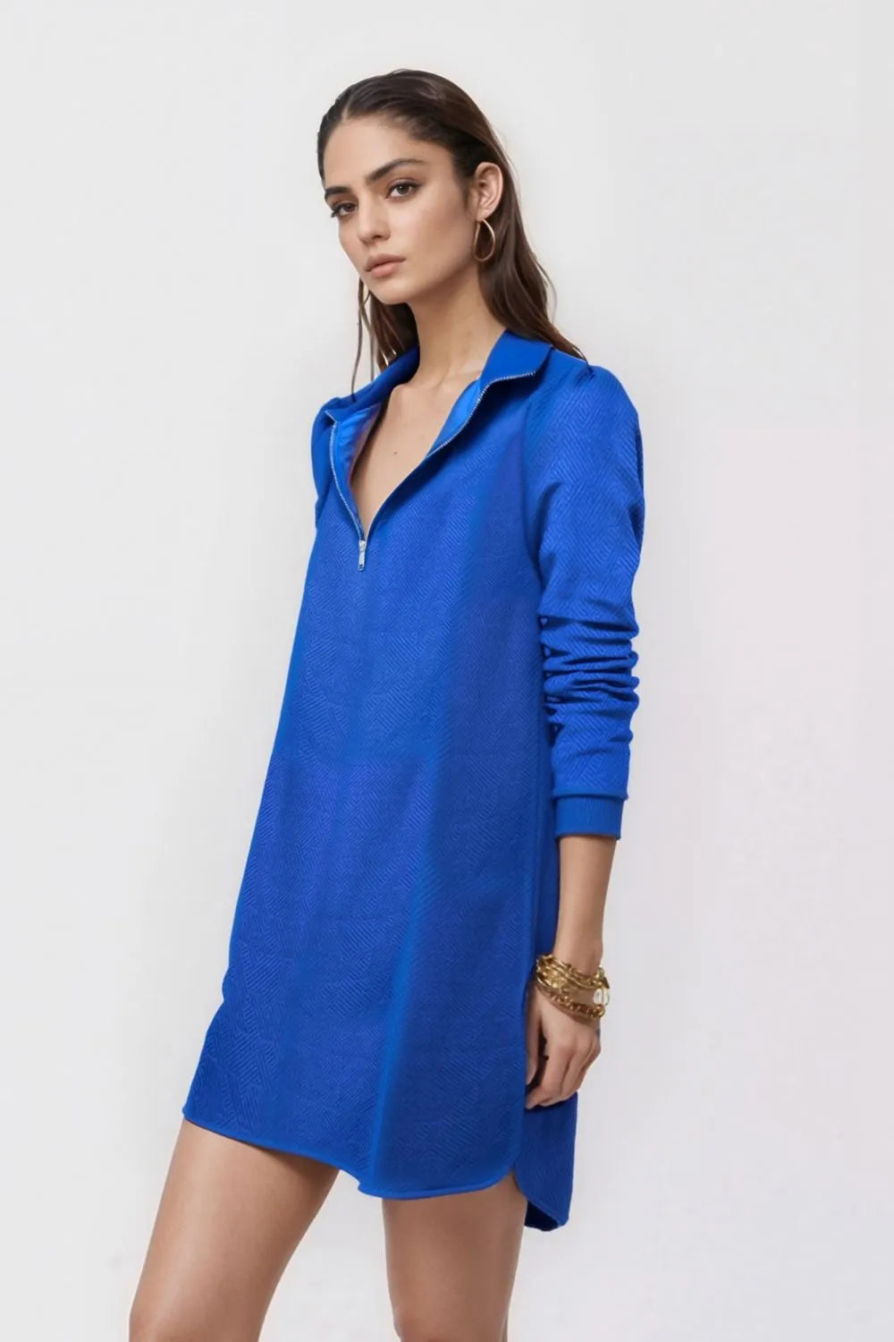 Double Take Textured Quarter Zip Long Sleeve Dress