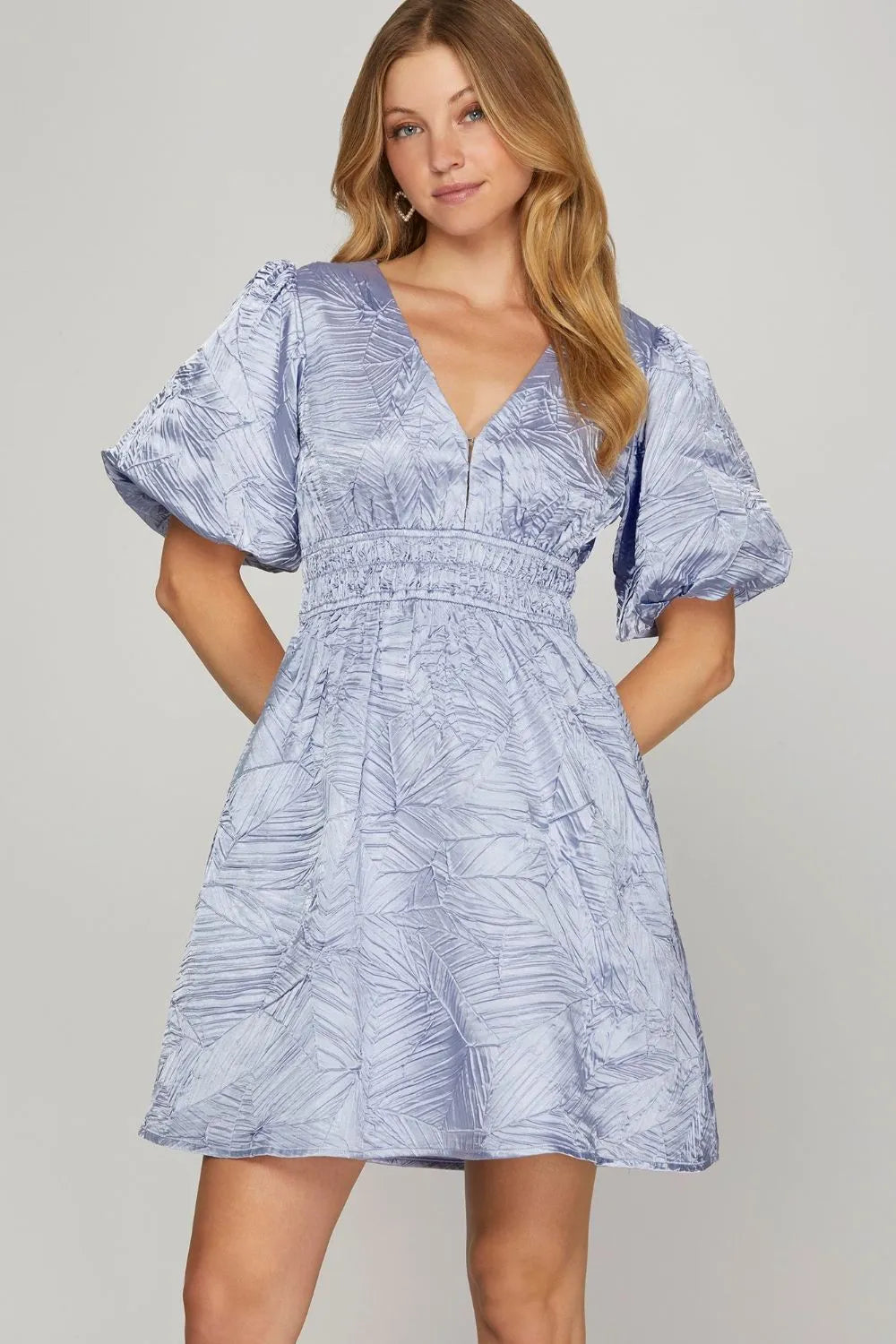She + Sky Crinkle Woven V-Neck Balloon Sleeve Mini Dress