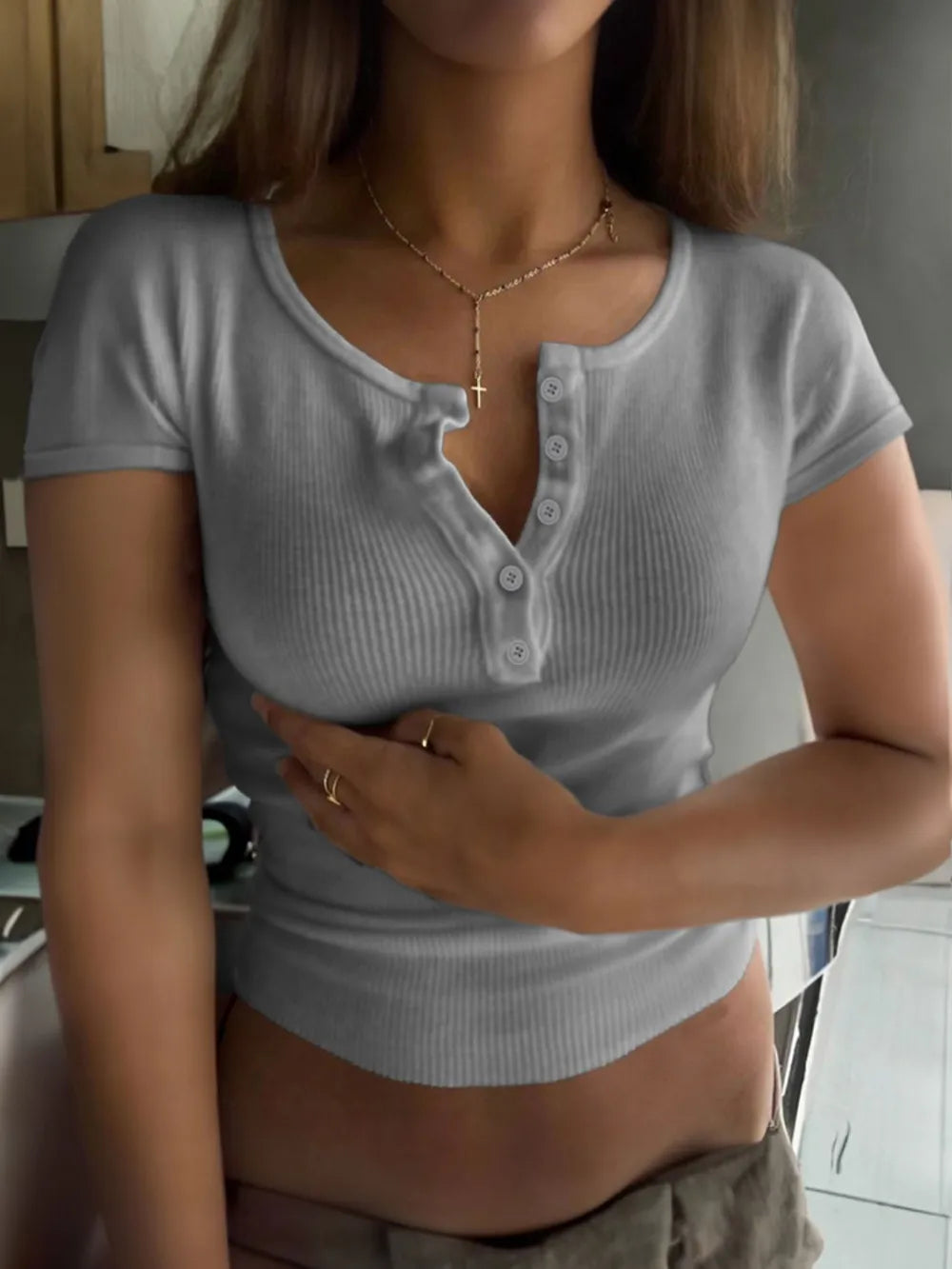 Ribbed Button Detail Round Neck Short Sleeve T-Shirt